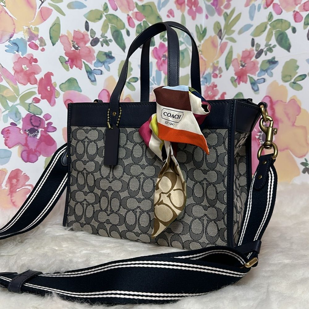 Coach Signature Jacquard Field Tote 30 Navy Blue Crossbody Bag - Picture 6 of 17